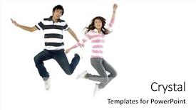  Presentation with joy - Amazing PPT layouts having happy casual couple jumping of joy backdrop and a white colored foreground
