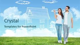  Presentation with walking together - Audience pleasing presentation design consisting of happy casual couple walking together against blue sky over green field backdrop and a sky blue colored foreground