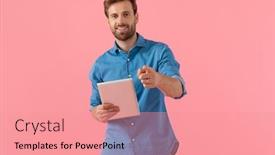  Presentation with tab - Slides enhanced with happy-casual-guy-holding-tab background and a coral colored foreground