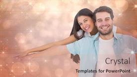  Presentation with shimmering - Beautiful slides featuring happy casual man giving pretty girlfriend piggy back against shimmering light design on red backdrop and a coral colored foreground