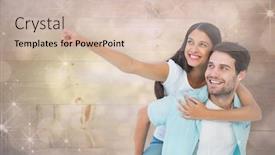  Presentation with shimmering - Presentation theme featuring happy casual man giving pretty girlfriend piggy back against shimmering light design on grey background and a soft green colored foreground