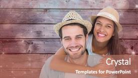  Presentation with shimmering - Cool new PPT theme with happy casual man giving pretty girlfriend piggy back against shimmering light design on red backdrop and a coral colored foreground
