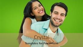  Presentation with giving - Presentation design enhanced with happy casual man giving pretty girlfriend piggy back against green vignette background and a coral colored foreground