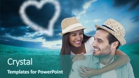  Presentation with blue green - Beautiful PPT theme featuring happy casual man giving pretty girlfriend piggy back against blue sky over green field backdrop and a ocean colored foreground