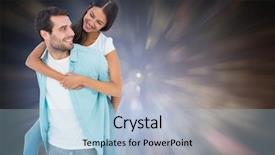  Presentation with abstract light - Slide deck with happy casual man giving pretty girlfriend piggy back against dark abstract light spot design background and a light blue colored foreground