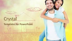  Presentation with glowing lights - Colorful presentation theme enhanced with happy casual man giving pretty girlfriend piggy back against field against glowing lights backdrop and a soft green colored foreground