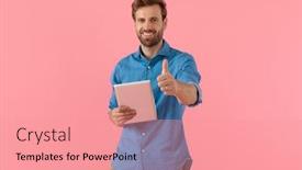  Presentation with tab - Beautiful slides featuring happy-casual-man-holding-tab backdrop and a coral colored foreground