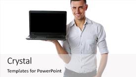  Presentation with laptop blank screen - Presentation theme featuring happy casual man standing and showing laptop with blank screen over white background background and a white colored foreground