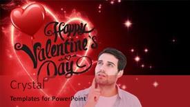  Presentation with design thinking - Cool new presentation with happy casual man thinking with hand on chin against valentines heart design backdrop and a red colored foreground