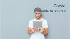  Presentation with using digital tablet - Slides consisting of happy casual man using tablet background and a lemonade colored foreground