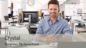  Presentation with business casual - Slides having happy casual successful caucasian business consultant at startup office sitting at table with laptop computer smiling confident looking at camera background and a light gray colored foreground