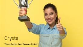  Presentation with trophy - Presentation design having happy-casual-woman-holding-trophy background and a yellow colored foreground