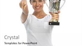  Presentation with trophy - Audience pleasing PPT layouts consisting of happy-casual-woman-holding-trophy backdrop and a white colored foreground