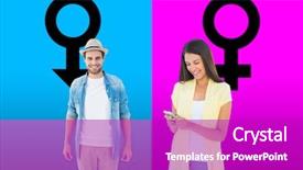  Presentation with gender - Slides featuring happy casual woman sending a text against female gender symbol background and a purple colored foreground