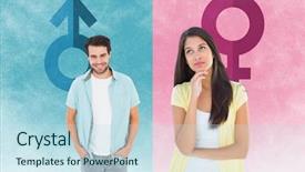  Presentation with gender - Colorful PPT theme enhanced with hand on chin against female backdrop and a sky blue colored foreground