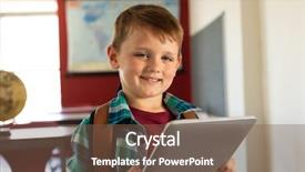  Presentation with elementary school career day and technology - Slide set consisting of happy caucasian boy with school background and a tawny brown colored foreground