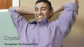  Presentation with office chair - Audience pleasing presentation theme consisting of happy caucasian businessman leaning back on his office chair backdrop and a light blue colored foreground