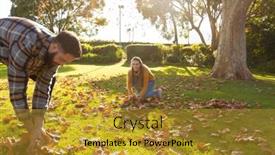  Presentation with happy life - Slide deck with happy-caucasian-couple-collecting-leaves background and a gold colored foreground