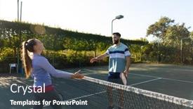  Presentation with shaking hands - Slide set with happy-caucasian-couple-playing-tennis background and a tawny brown colored foreground