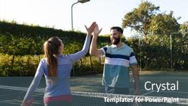  Presentation with shaking hands - Theme featuring happy-caucasian-couple-playing-tennis background and a ocean colored foreground