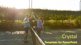  Presentation with shaking hands - Slide deck featuring happy-caucasian-couple-playing-tennis background and a tawny brown colored foreground