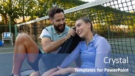  Presentation with hobbies - PPT theme featuring happy-caucasian-couple-sitting background and a ocean colored foreground