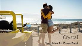  Presentation with happy holiday - Colorful theme enhanced with happy-caucasian-couple-staying-next backdrop and a coral colored foreground