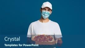  Presentation with pizza delivery - Slide set having happy-caucasian-delivery-man background and a ocean colored foreground
