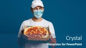  Presentation with pizza delivery - Audience pleasing PPT layouts consisting of happy-caucasian-delivery-man backdrop and a ocean colored foreground