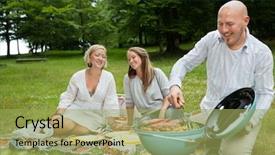  Presentation with happy barber client - Presentation theme enhanced with happy caucasian friends cooking barbeque background and a yellow colored foreground