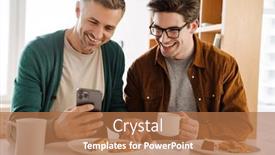  Presentation with mobile home - Slide deck featuring happy-caucasian-gay-couple-using background and a coral colored foreground