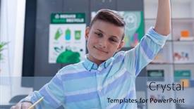  Presentation with school desk - PPT theme consisting of happy-caucasian-schoolboy-sitting and a  colored foreground