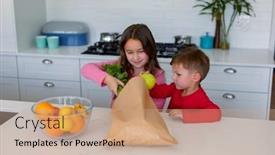  Presentation with siblings - PPT theme featuring happy-caucasian-siblings-unpacking-groceries background and a  colored foreground