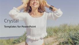  Presentation with summer sun - Presentation theme consisting of happy-caucasian-woman-enjoying background and a light gray colored foreground