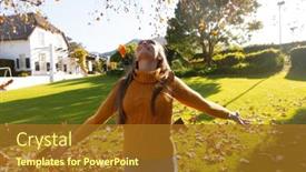  Presentation with happy life - PPT theme consisting of happy-caucasian-woman-having-fun background and a gold colored foreground