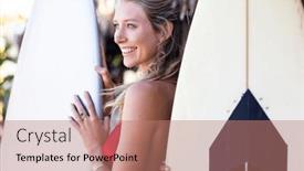  Presentation with friendship - Presentation theme consisting of happy-caucasian-woman-holding-surfboard background and a  colored foreground