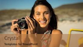  Presentation with summer holiday - Colorful slide deck enhanced with happy-caucasian-woman-next backdrop and a red colored foreground