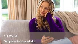  Presentation with living life - Slides featuring happy-caucasian-woman-sitting background and a coral colored foreground