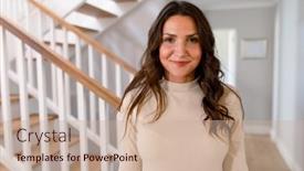  Presentation with home - Presentation theme having happy-caucasian-woman-standing background and a  colored foreground