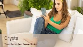  Presentation with living life - Presentation design having happy-caucasian-woman-using-smartphone background and a  colored foreground