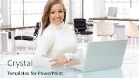 Presentation with woman office desk - Cool new PPT theme with happy caucasian woman working with laptop at office desk backdrop and a sky blue colored foreground