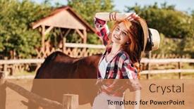  Presentation with cowgirl - Colorful PPT theme enhanced with happy charming young woman cowgirl with horse on ranch backdrop and a coral colored foreground