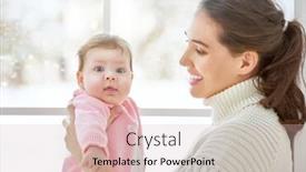  Presentation with happy baby - Colorful presentation design enhanced with happy cheerful family mother and baby hugging near window backdrop and a lemonade colored foreground