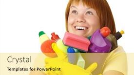  Presentation with sponges - PPT layouts having happy cheerful girl holding dish washing liquids and sponges background and a yellow colored foreground