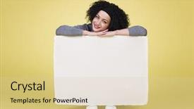  Presentation with yellow paper - Theme having happy cheerful girl holding a white blank paper sign board with empty copy space isolated on yellow background background and a lemonade colored foreground