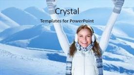 Presentation with winter weather - PPT layouts consisting of happy cheerful girl with raised up hands enjoying snowy winter weather with pleasure spending christmas holidays in the mountains background and a light blue colored foreground