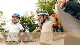  Presentation with ramp - Colorful PPT layouts enhanced with happy-cheerful-kids-with-skateboards backdrop and a coral colored foreground