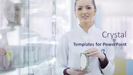  Presentation with chemist - Presentation theme enhanced with happy cheerful pharmacist chemist woman standing in pharmacy drugstore background and a sky blue colored foreground