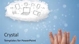  Presentation with healthcare technology cloud - Slide set with happy cheerful smiley fingers looking background and a  colored foreground