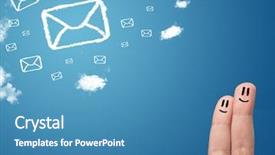  Presentation with mail - Beautiful PPT theme featuring happy cheerful smiley fingers looking at mail icons made out of clouds backdrop and a teal colored foreground